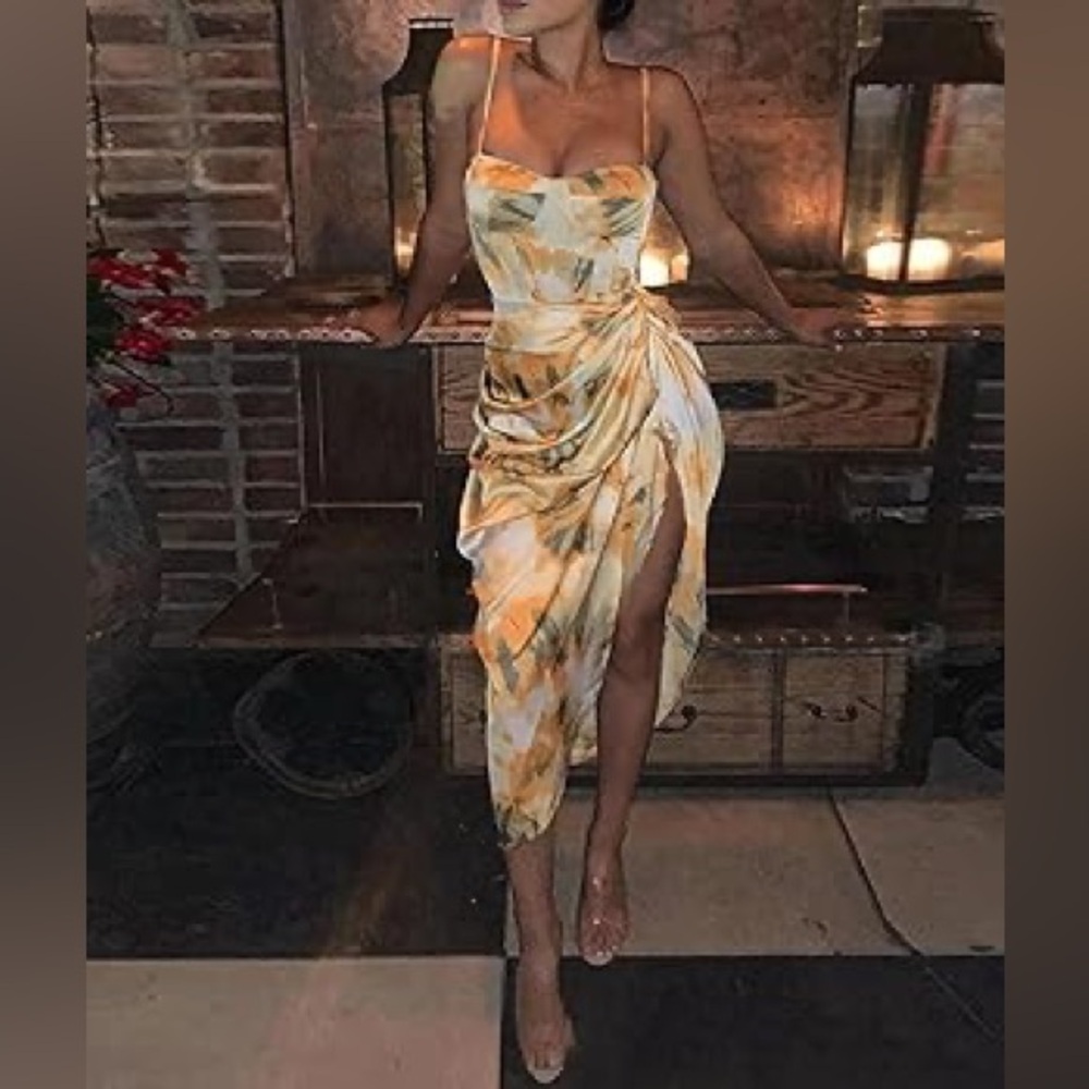 Multi-Color Midi Dress with Ruched Slit